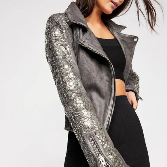 NWT Free People Genuine Leather Circle Embellished XS Jacket - Picture 9 of 10